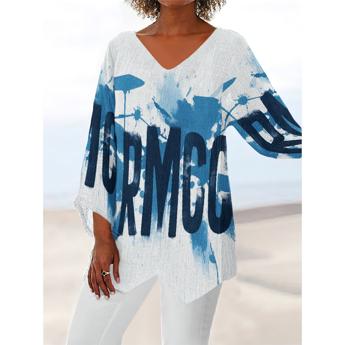 All-Over Print Women's V-neck T-shirt With Irregular Hem