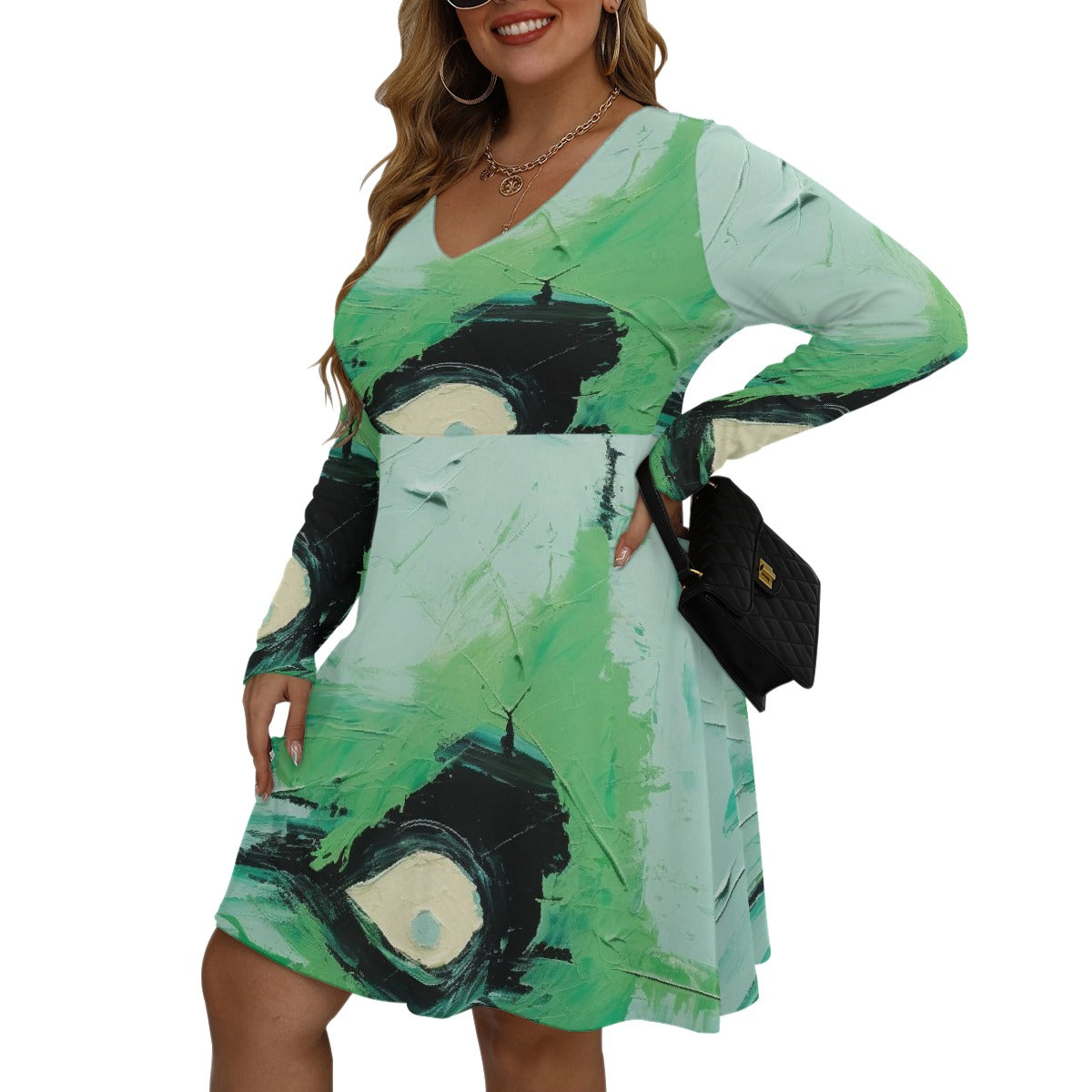 All-Over Print Women's V-neck Long Sleeve Dress(Plus Size)