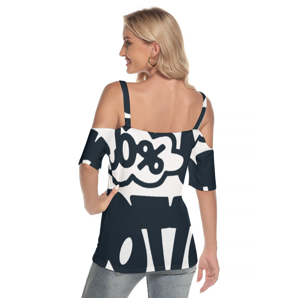 All-Over Print Women's Cold Shoulder T-shirt With Criss Cross Strips