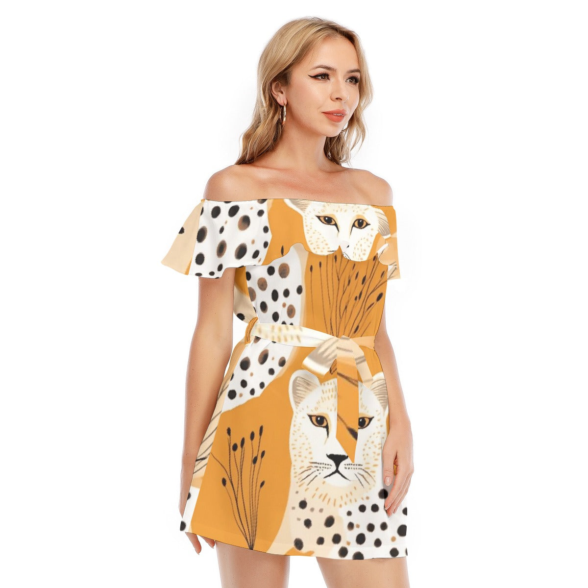 All-Over Print Women's Off-shoulder Dress With Ruffle