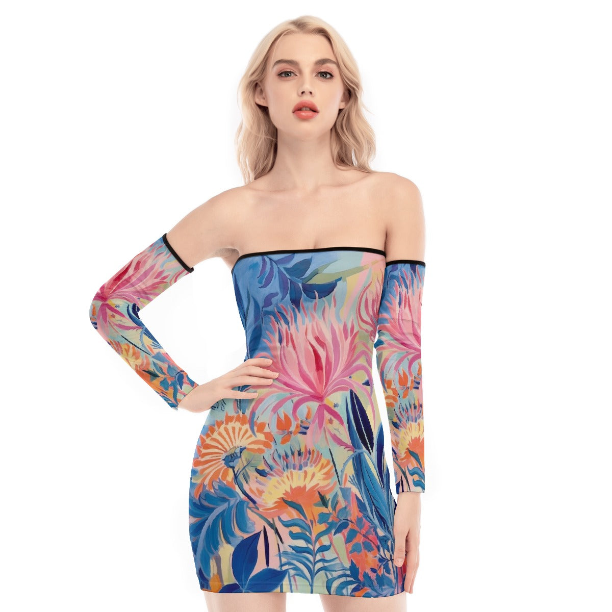 All-Over Print Women's Off-shoulder Back Lace-up Dress