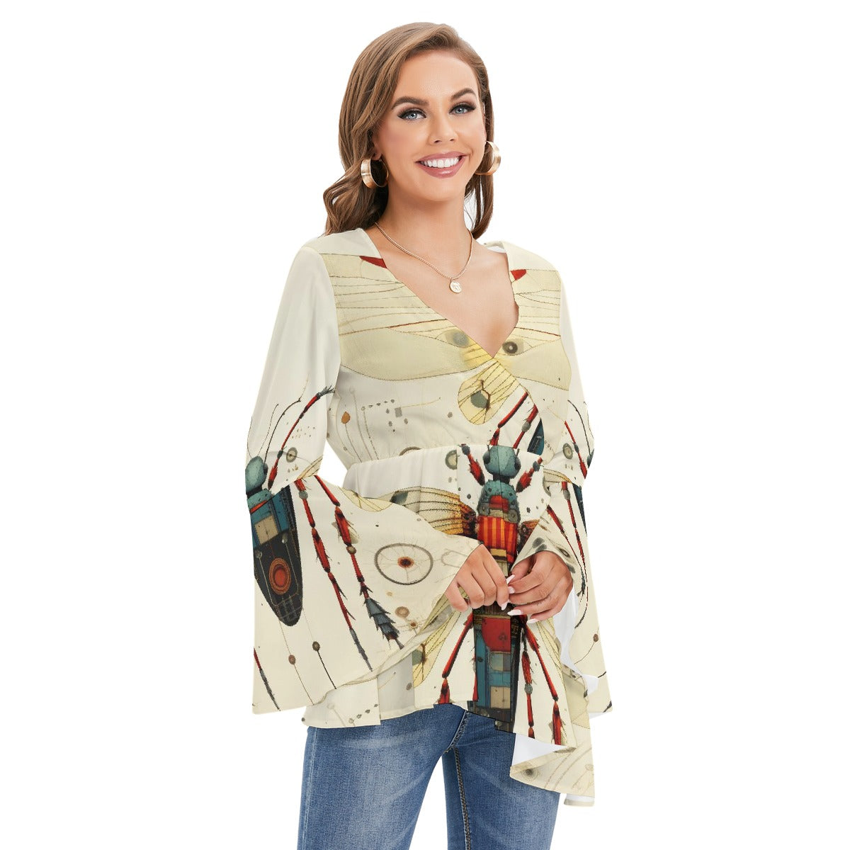 All-Over Print Women's V-neck Blouse With Flared Sleeves