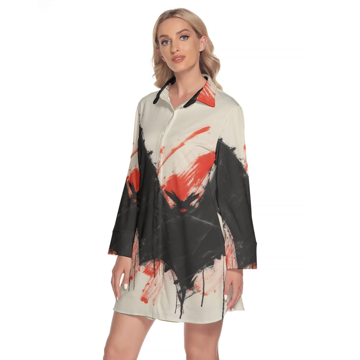 All-Over Print Women's Lapel Shirt Dress With Long Sleeve