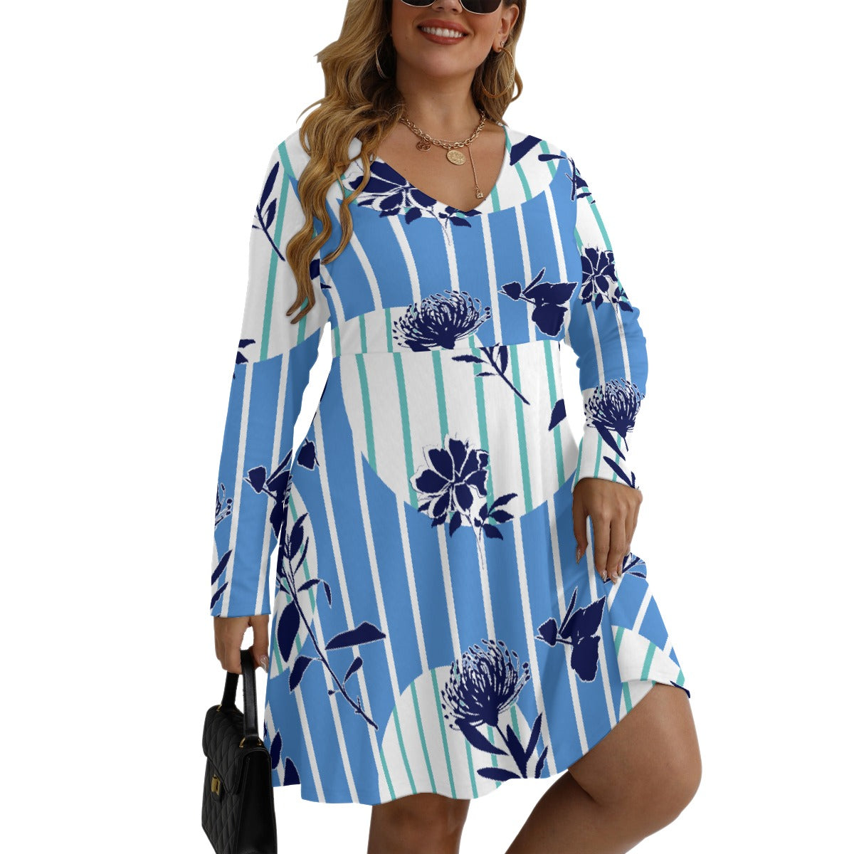 All-Over Print Women's V-neck Long Sleeve Dress(Plus Size)