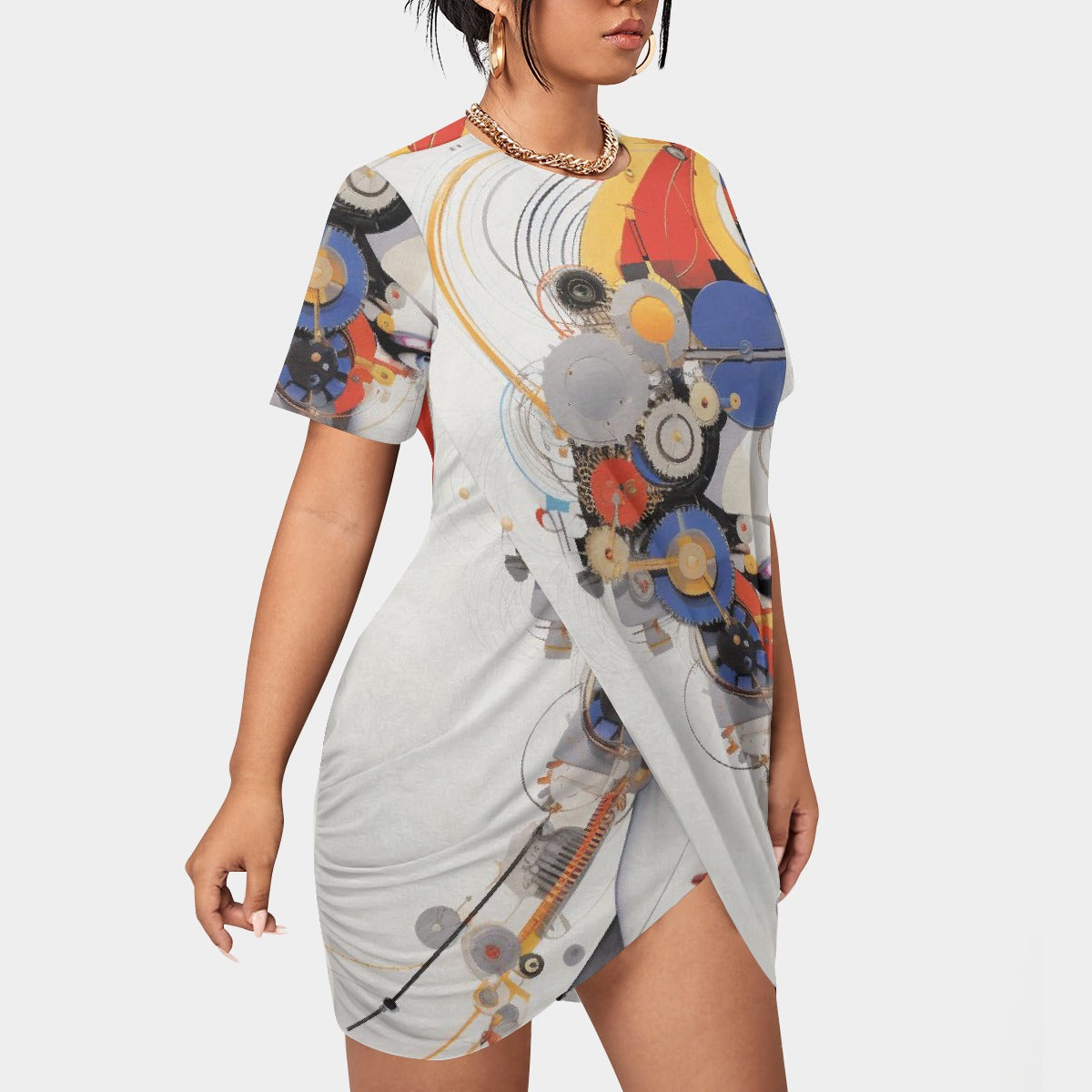 All-Over Print Women’s Stacked Hem Dress With Short Sleeve（Plus Size）