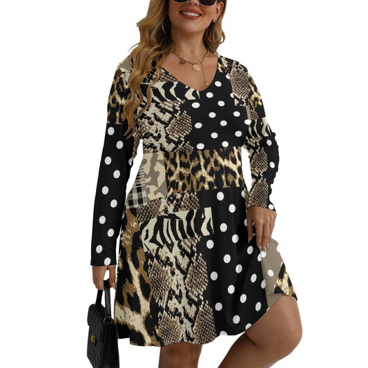 All-Over Print Women's V-neck Long Sleeve Dress(Plus Size)