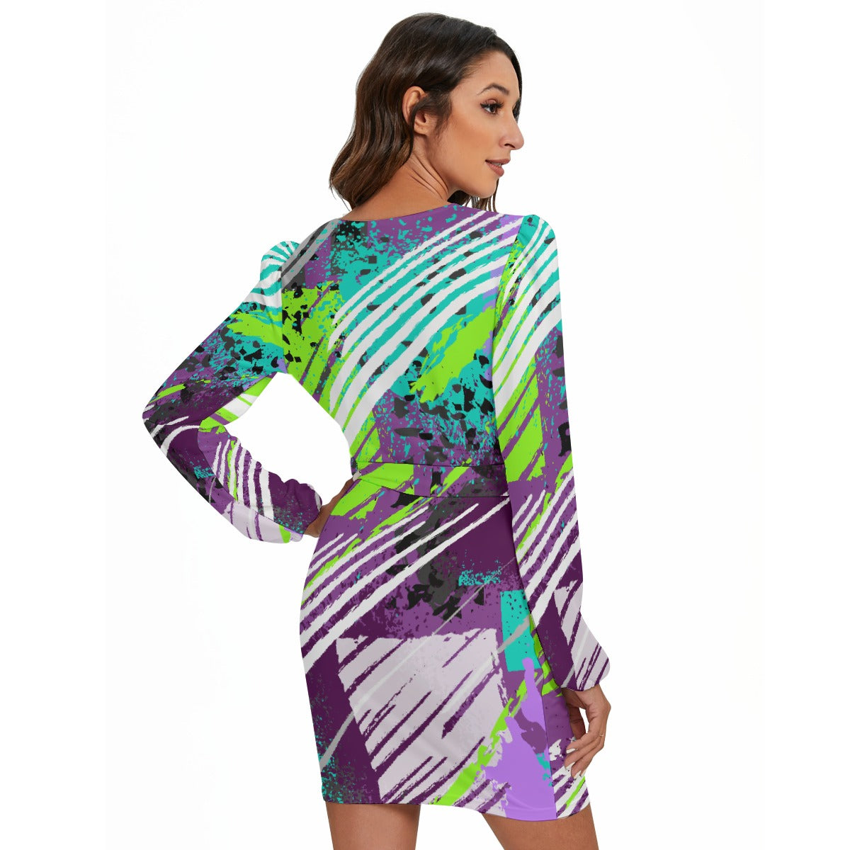 All-Over Print Women's Long Sleeve Dress With Waist Belt