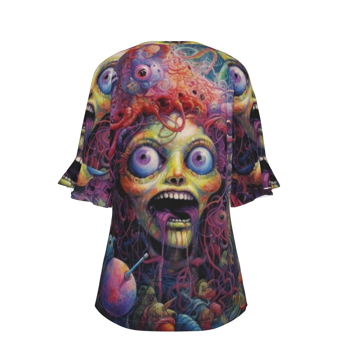 All-Over Print V-neck Women's T-shirt With Bell Sleeve