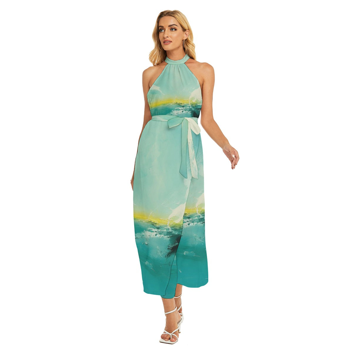 All-Over Print Women's Wrap Hem Belted Halter Dress