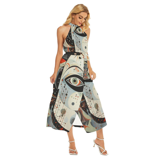 All-Over Print Women's Wrap Hem Belted Halter Dress