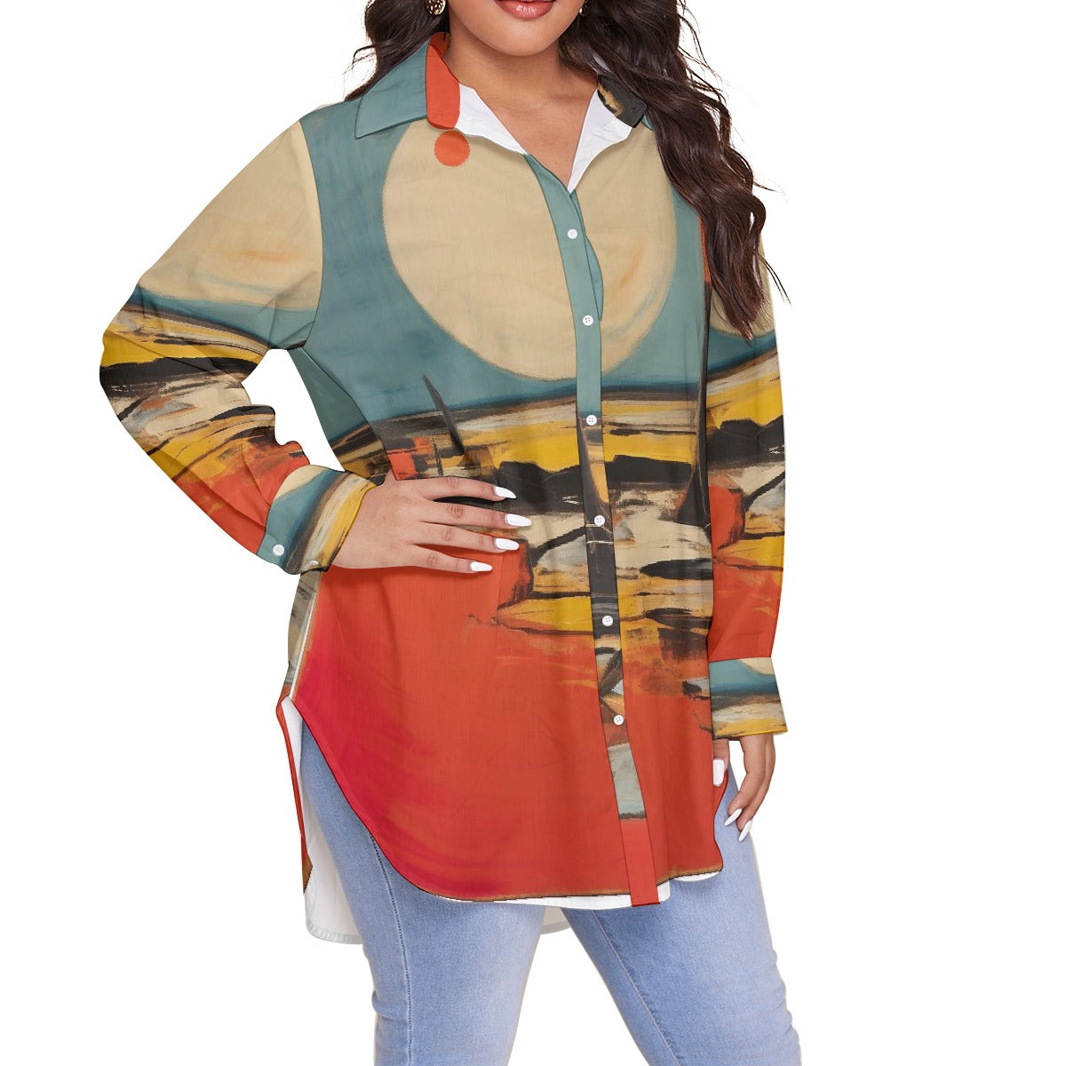 All-Over Print Women's Shirt With Long Sleeve(Plus Size)