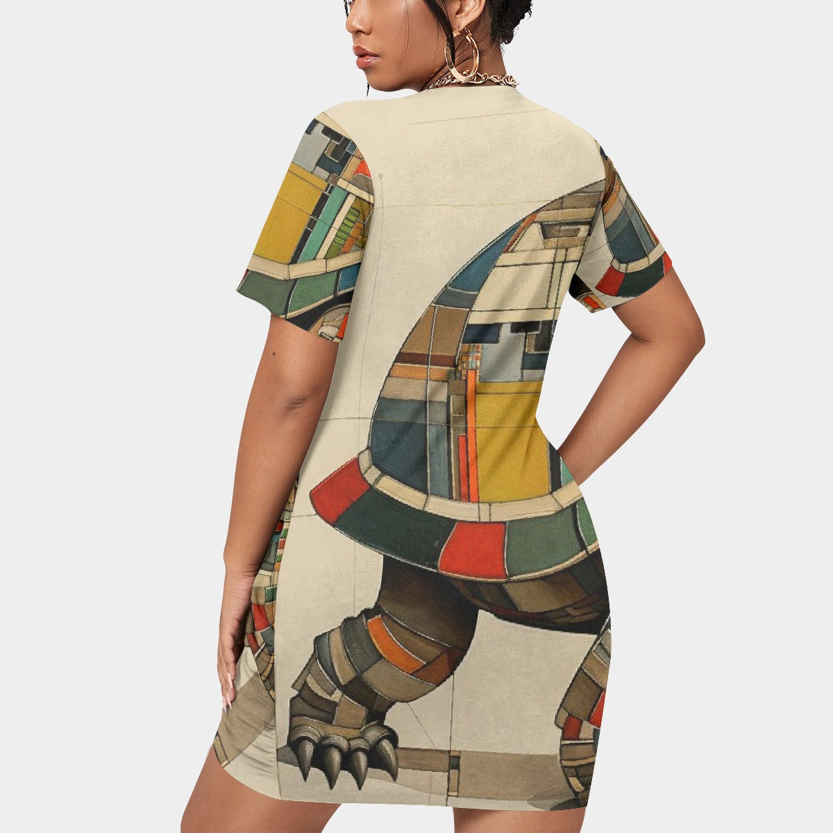 All-Over Print Women’s Stacked Hem Dress With Short Sleeve（Plus Size）