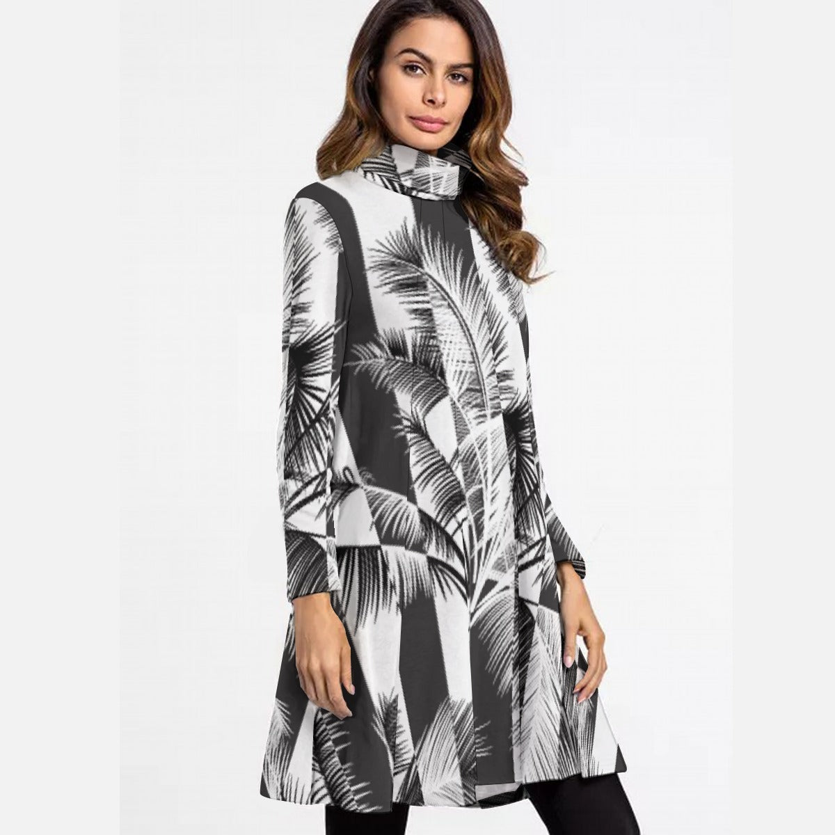 All-Over Print Women's High Neck Dress With Long Sleeve