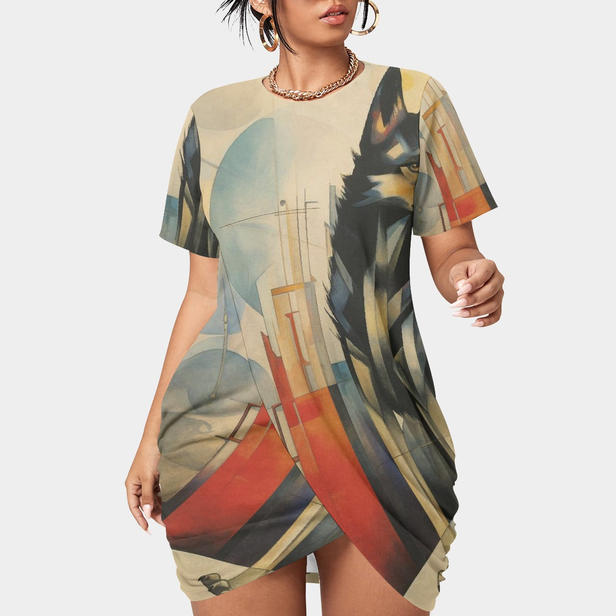 All-Over Print Women’s Stacked Hem Dress With Short Sleeve（Plus Size）