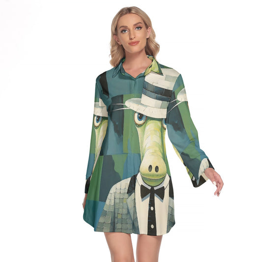 All-Over Print Women's Lapel Shirt Dress With Long Sleeve