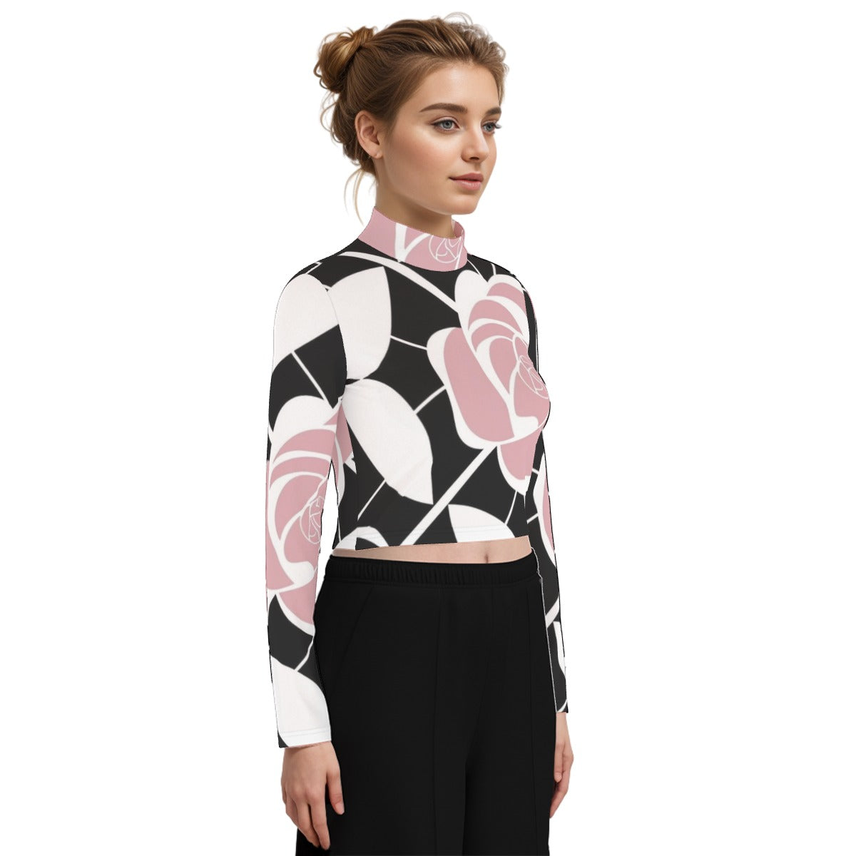 Eco-Friendly All-Over Print Women's Turtleneck T-shirt With Long Sleeve