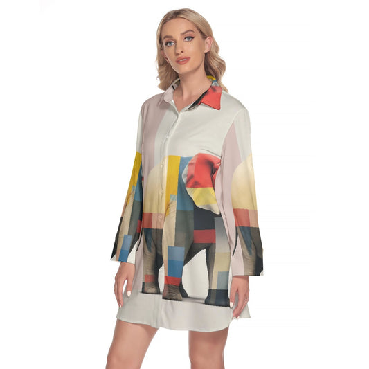 All-Over Print Women's Lapel Shirt Dress With Long Sleeve