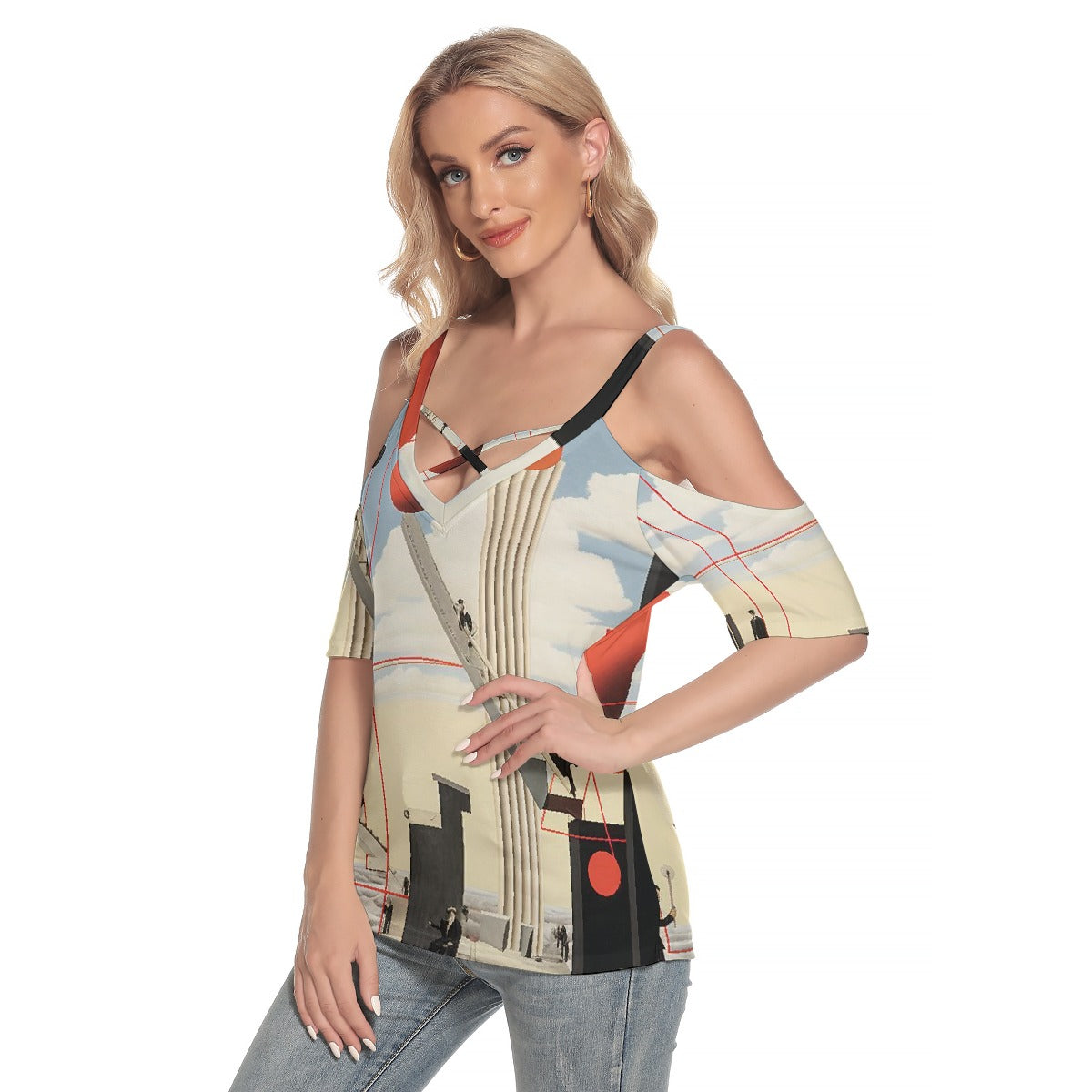 All-Over Print Women's Cold Shoulder T-shirt With Criss Cross Strips