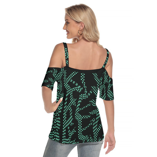 All-Over Print Women's Cold Shoulder T-shirt With Criss Cross Strips