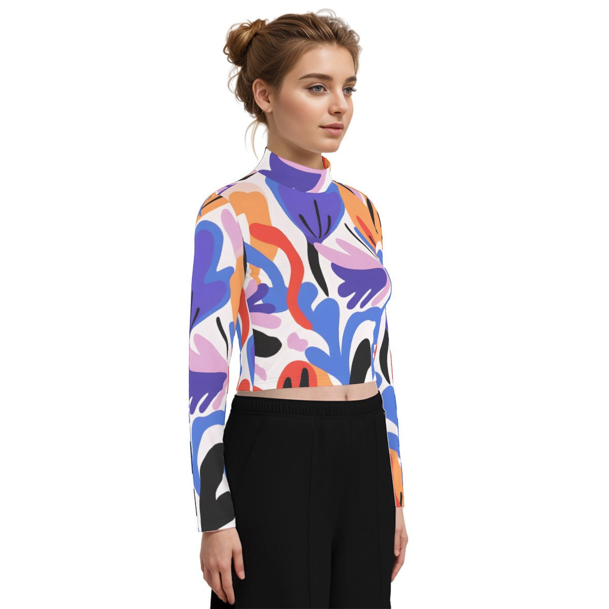 Eco-Friendly All-Over Print Women's Turtleneck T-shirt With Long Sleeve