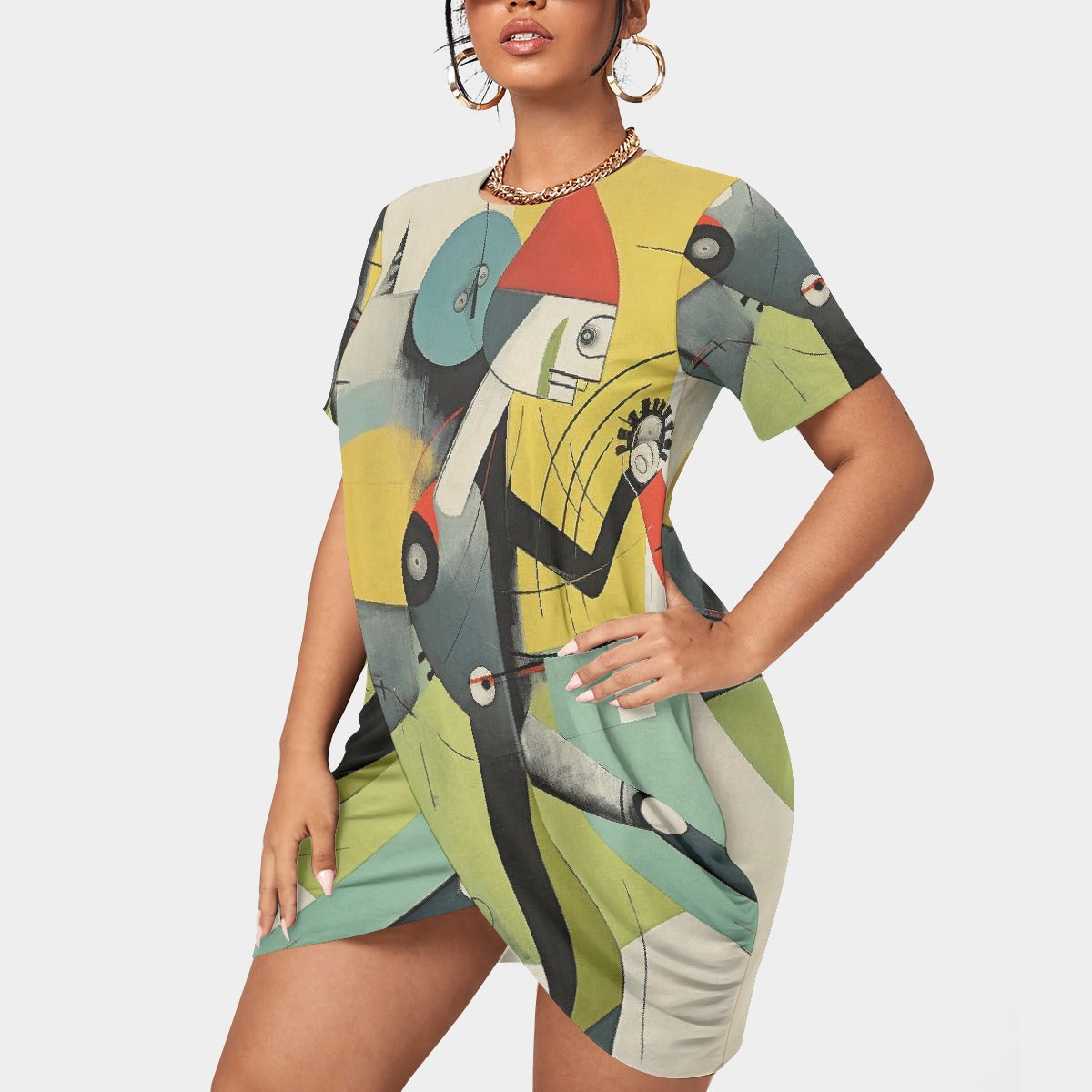 All-Over Print Women’s Stacked Hem Dress With Short Sleeve（Plus Size）