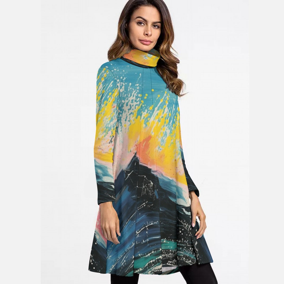 All-Over Print Women's High Neck Dress With Long Sleeve