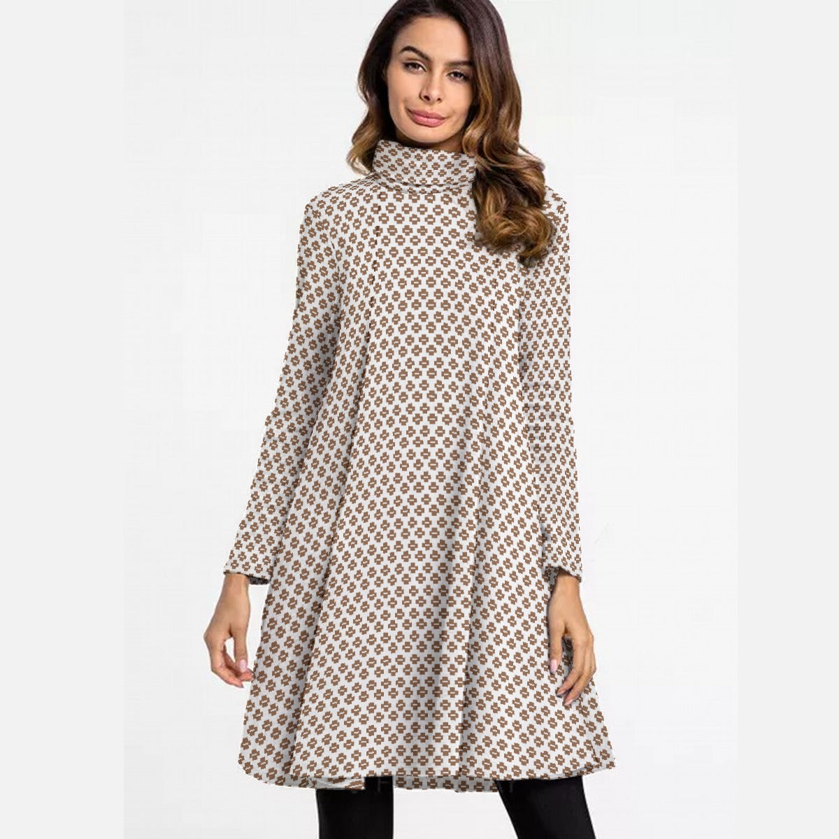 All-Over Print Women's High Neck Dress With Long Sleeve