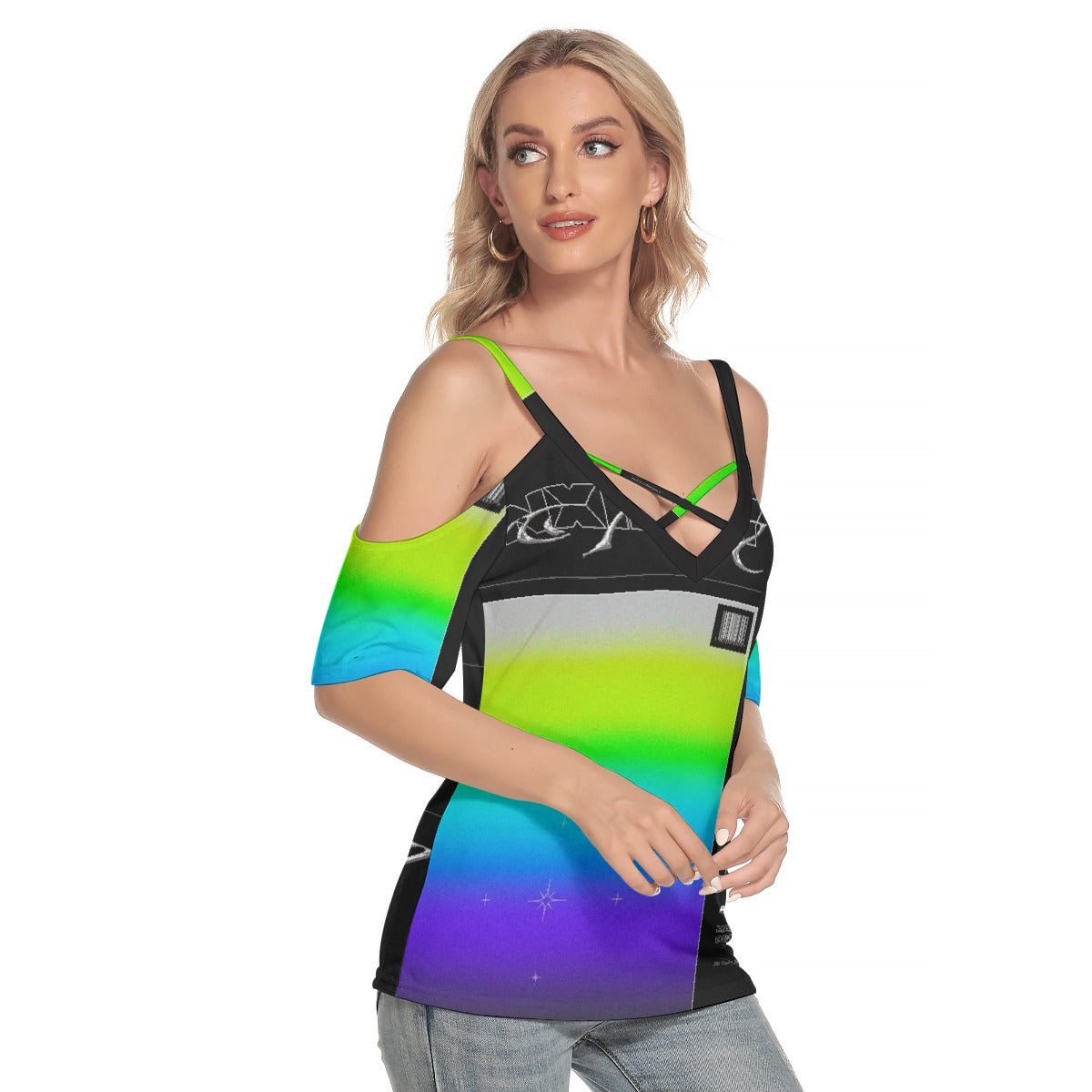 All-Over Print Women's Cold Shoulder T-shirt With Criss Cross Strips