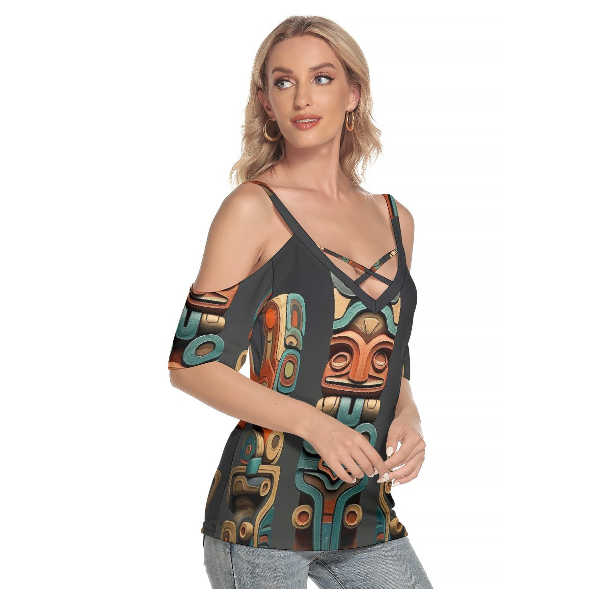 All-Over Print Women's Cold Shoulder T-shirt With Criss Cross Strips