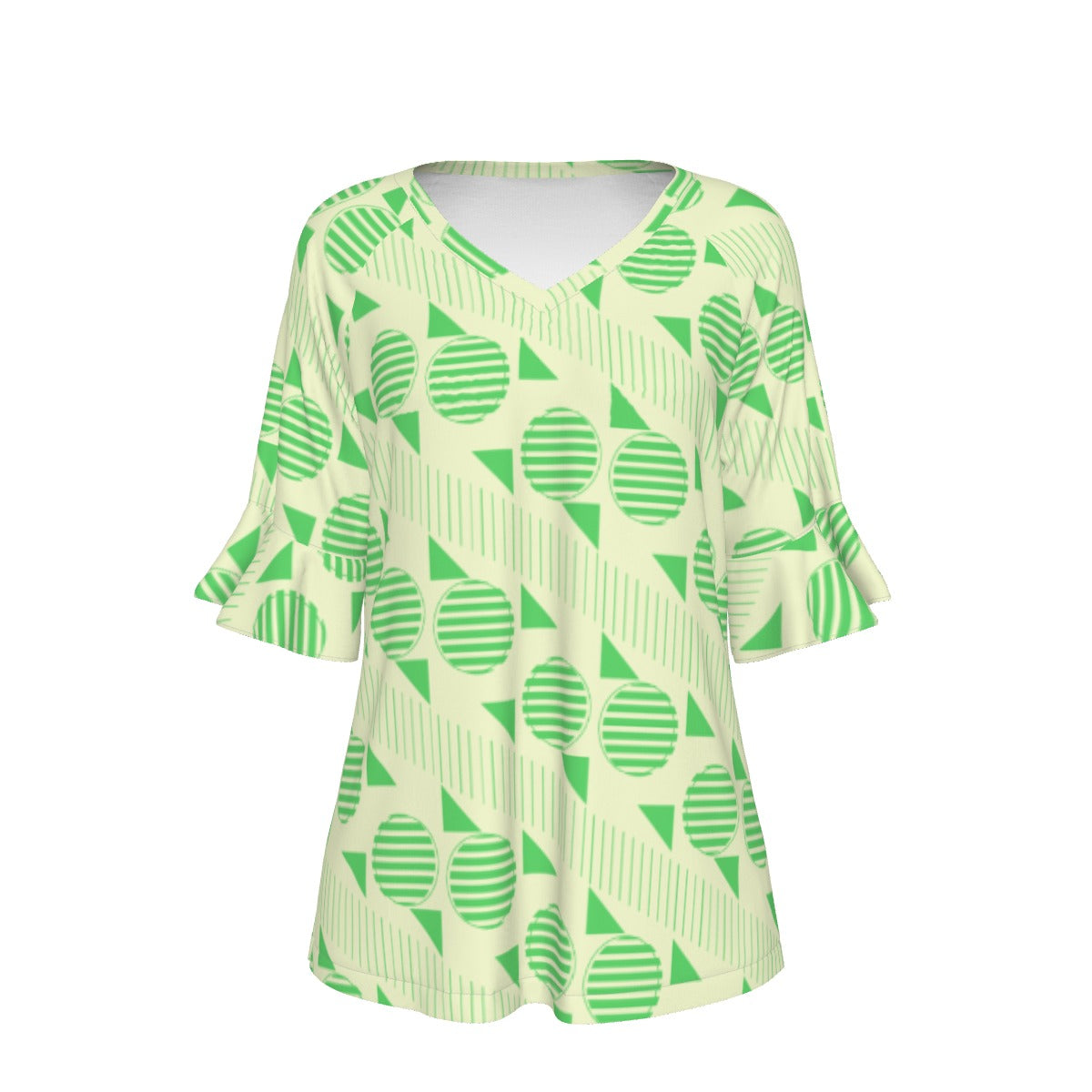 All-Over Print V-neck Women's T-shirt With Bell Sleeve