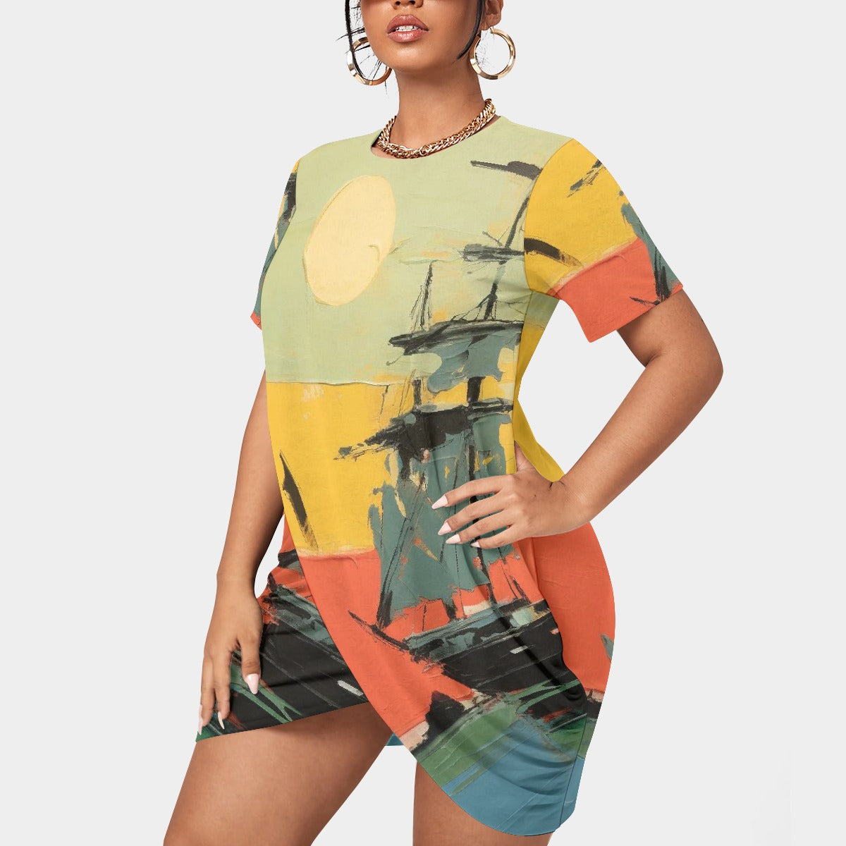 All-Over Print Women’s Stacked Hem Dress With Short Sleeve（Plus Size）