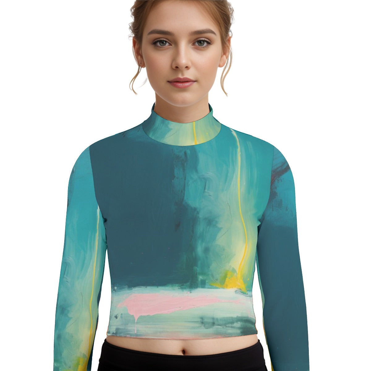 Eco-Friendly All-Over Print Women's Turtleneck T-shirt With Long Sleeve