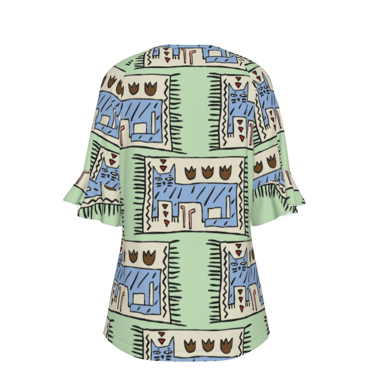 All-Over Print V-neck Women's T-shirt With Bell Sleeve