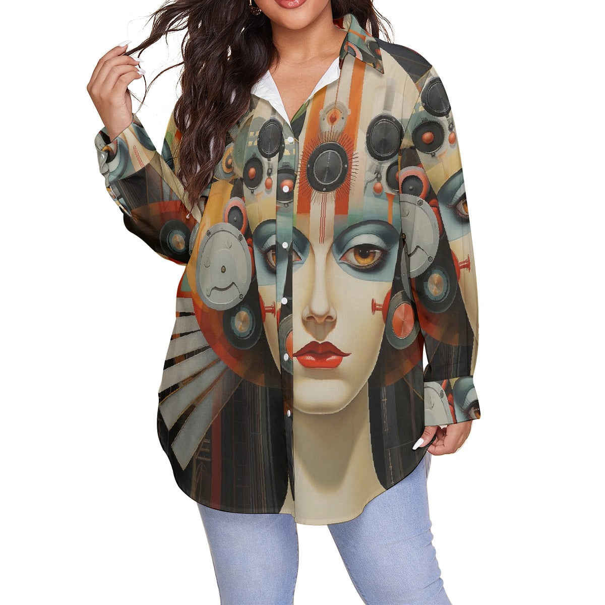 All-Over Print Women's Shirt With Long Sleeve(Plus Size)