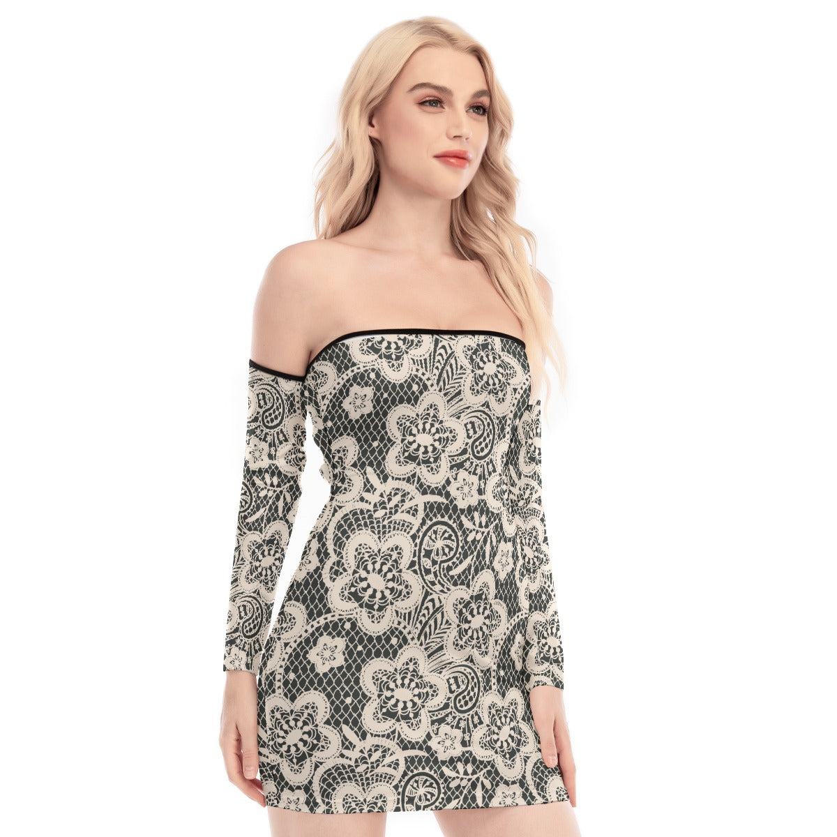 All-Over Print Women's Off-shoulder Back Lace-up Dress