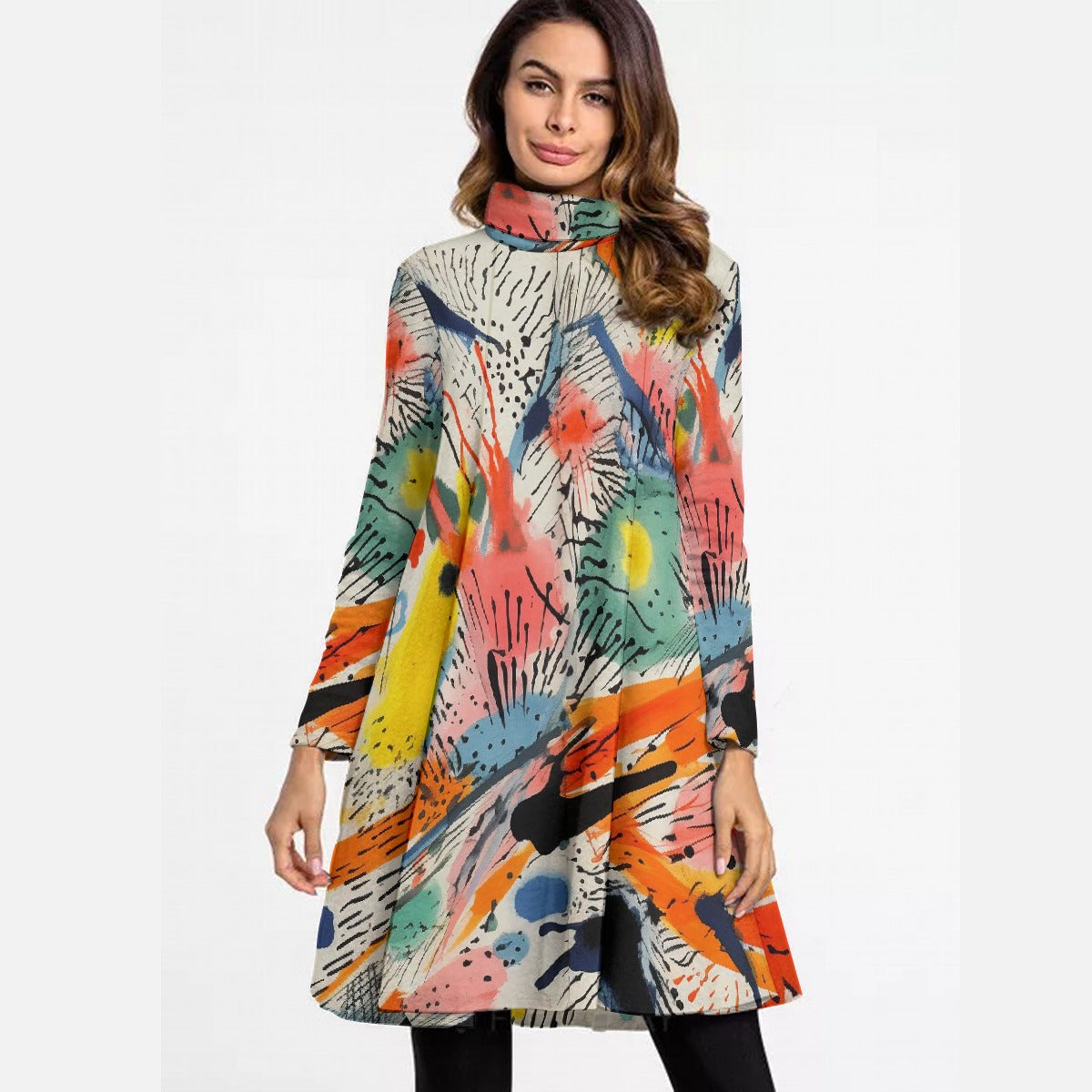 All-Over Print Women's High Neck Dress With Long Sleeve