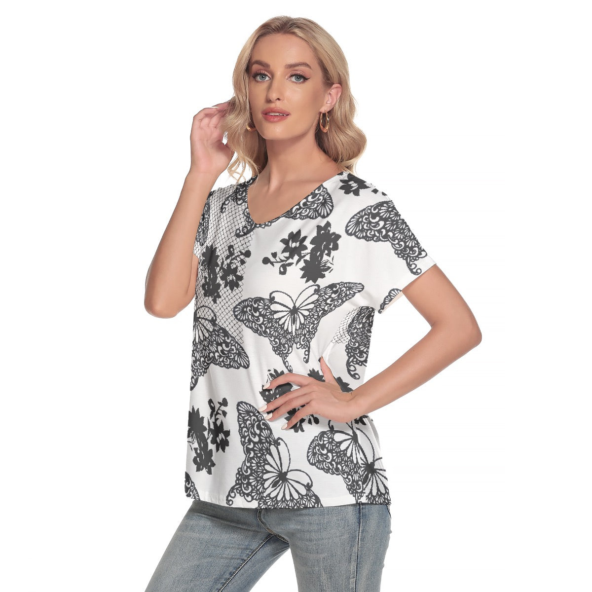 All-Over Print Women's Loose V-neck Short Sleeve T-shirt