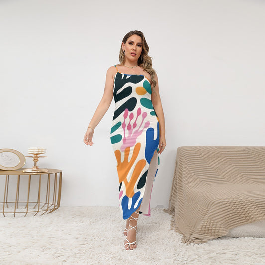 All-Over Print Women's Oblique-Shoulder Exposure Dress With Side Split (Plus Size)