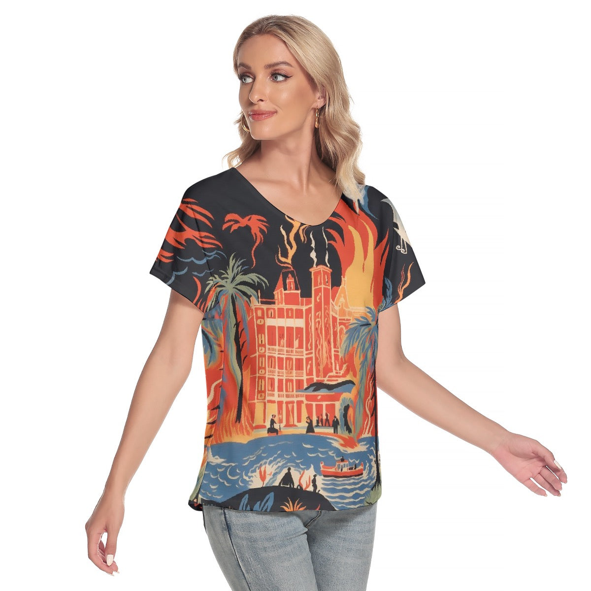 All-Over Print Women's Loose V-neck Short Sleeve T-shirt