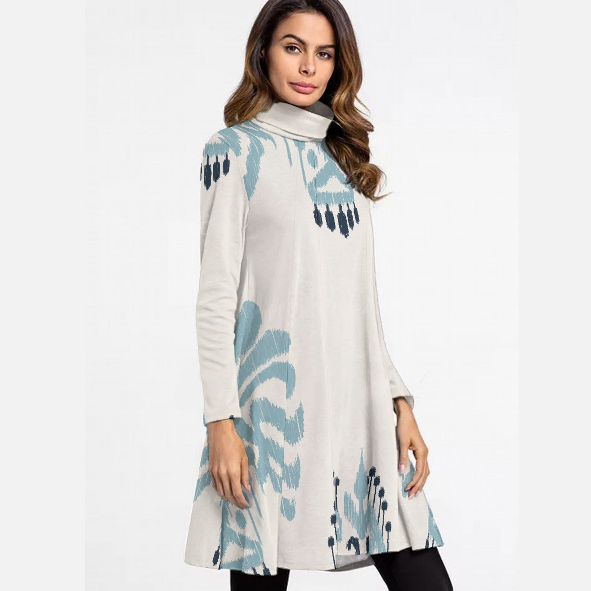 All-Over Print Women's High Neck Dress With Long Sleeve