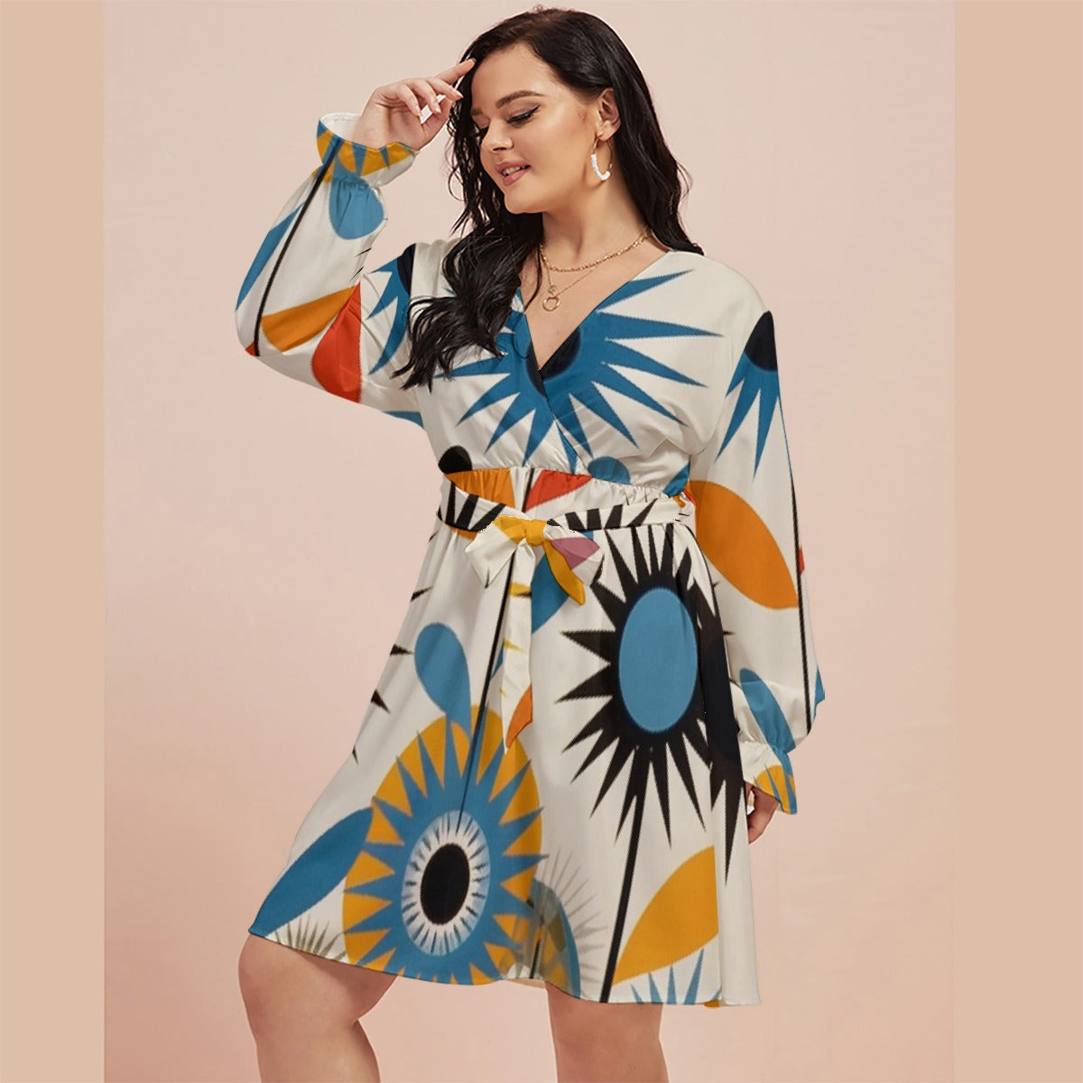 All-Over Print Women's V-neck Dress With Waistband(Plus Size)