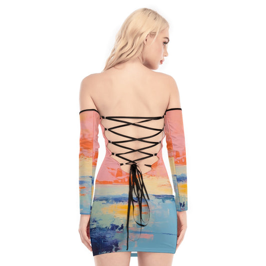 All-Over Print Women's Off-shoulder Back Lace-up Dress