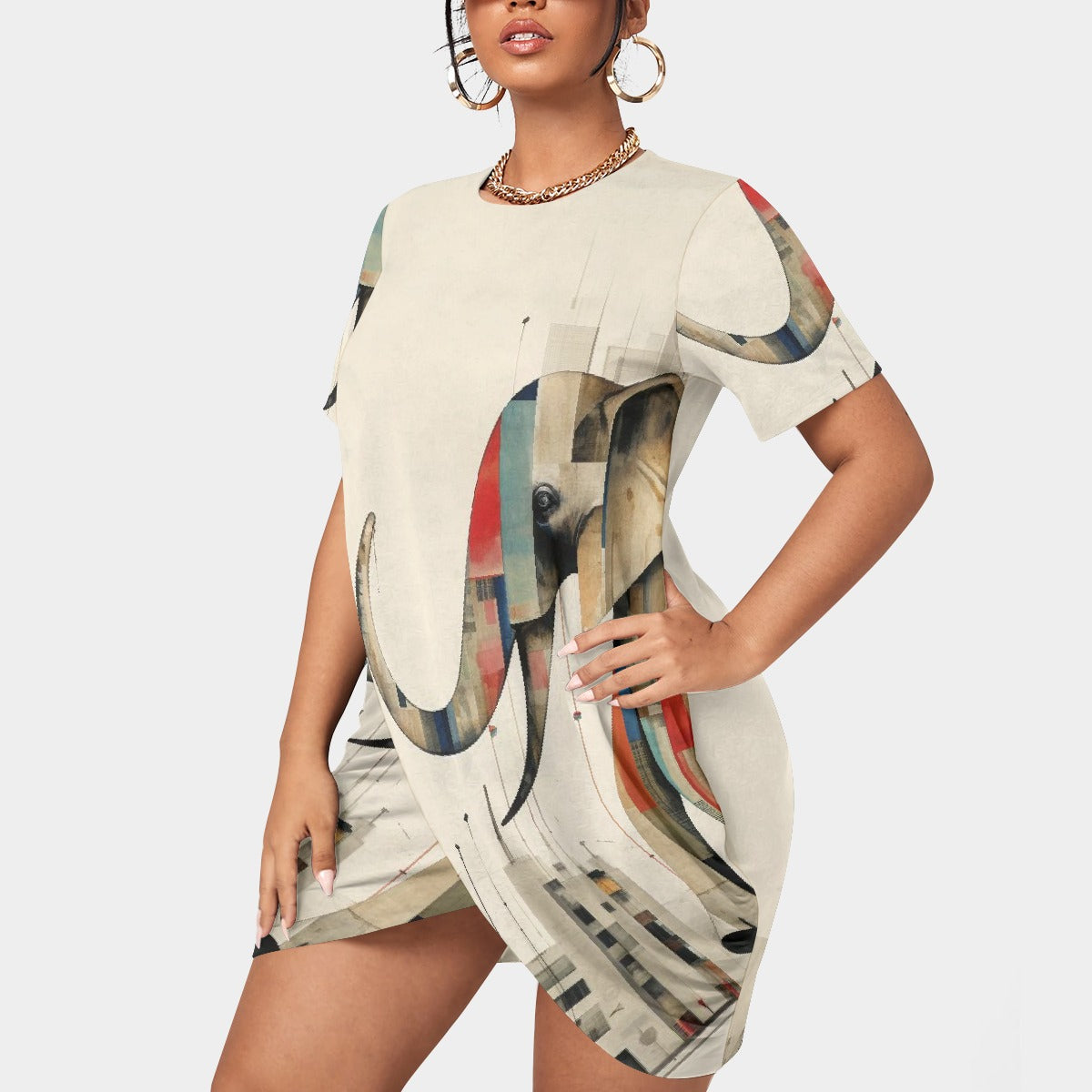 All-Over Print Women’s Stacked Hem Dress With Short Sleeve（Plus Size）