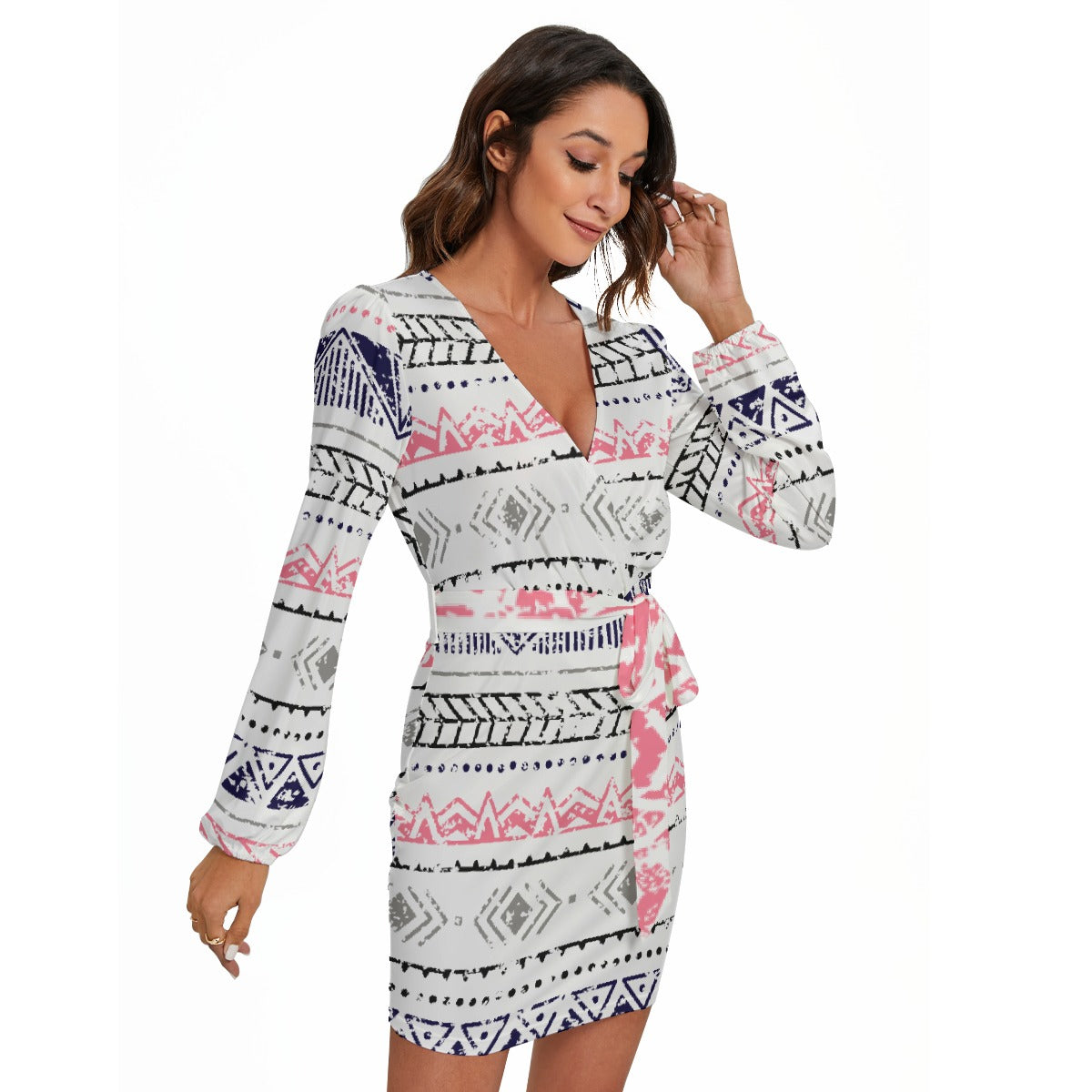 All-Over Print Women's Long Sleeve Dress With Waist Belt