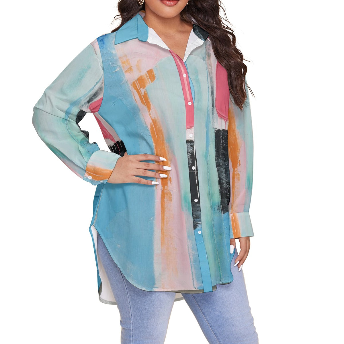 All-Over Print Women's Shirt With Long Sleeve(Plus Size)