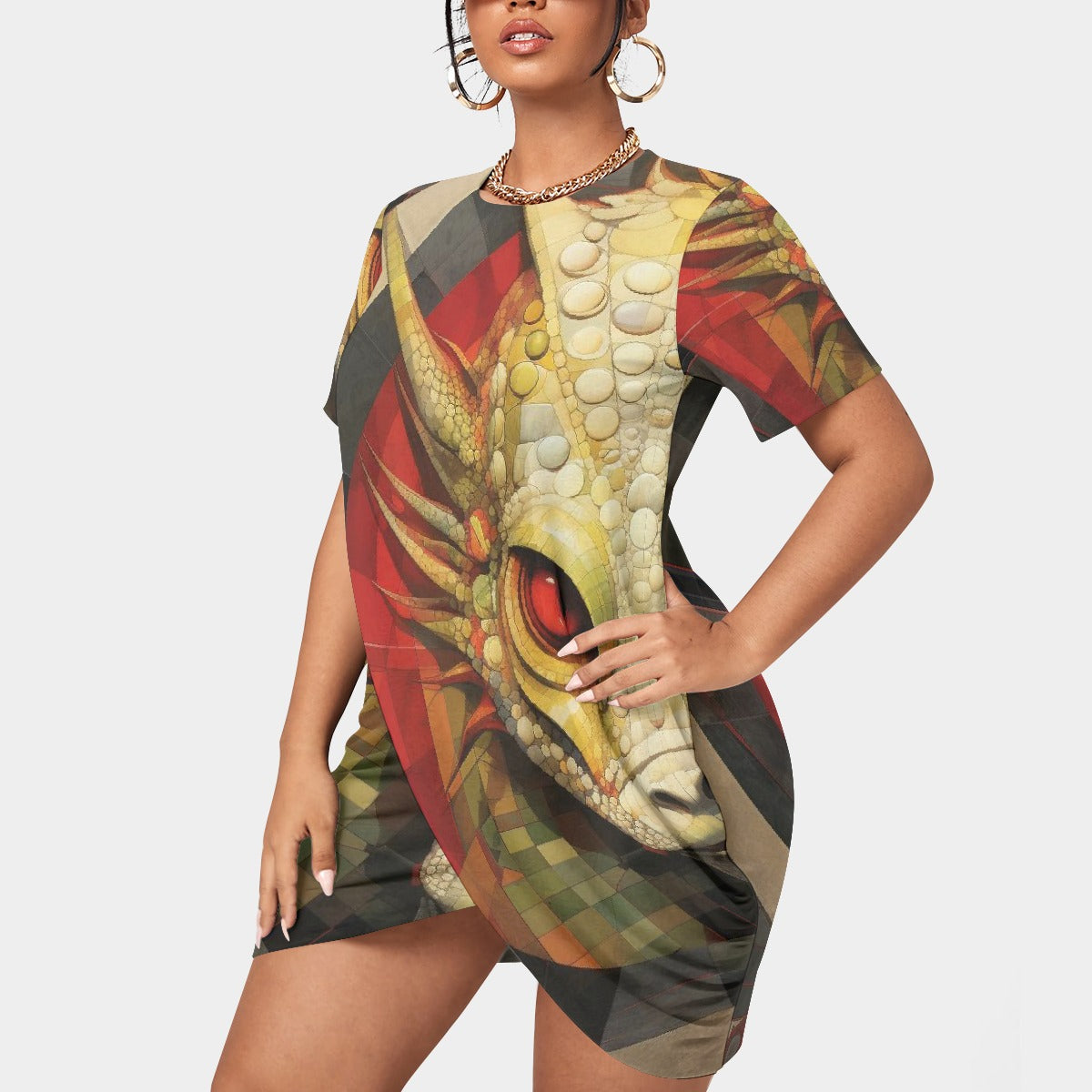 All-Over Print Women’s Stacked Hem Dress With Short Sleeve（Plus Size）