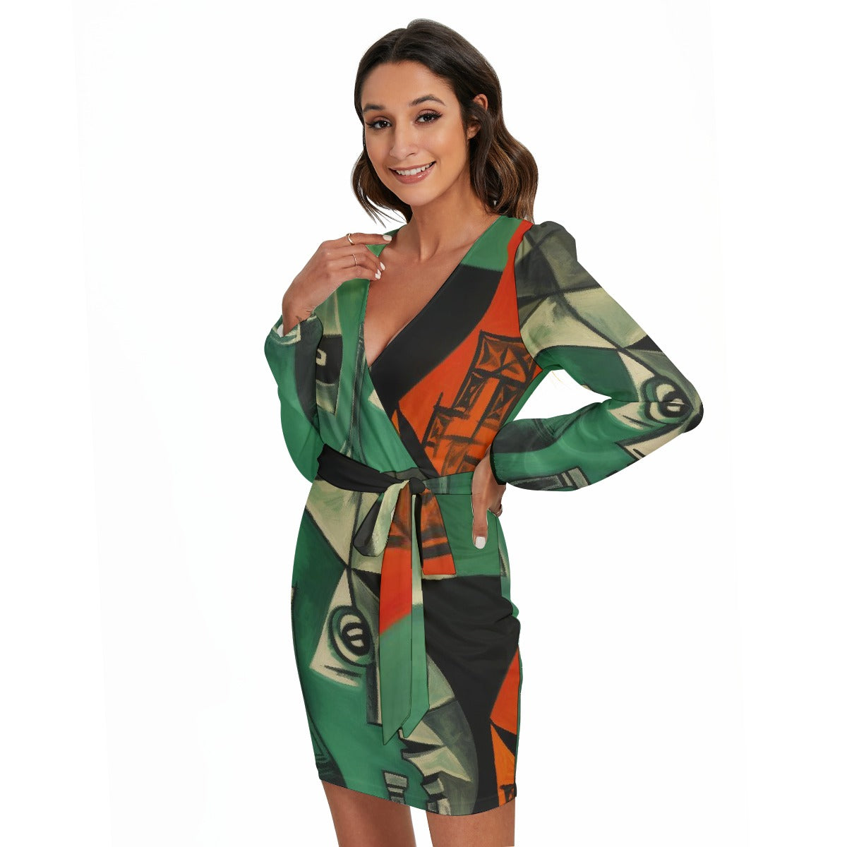 All-Over Print Women's Long Sleeve Dress With Waist Belt