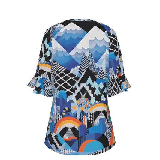 All-Over Print V-neck Women's T-shirt With Bell Sleeve