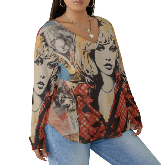 All-Over Print Women's V-neck T-shirt With Curved Hem(Plus Size)