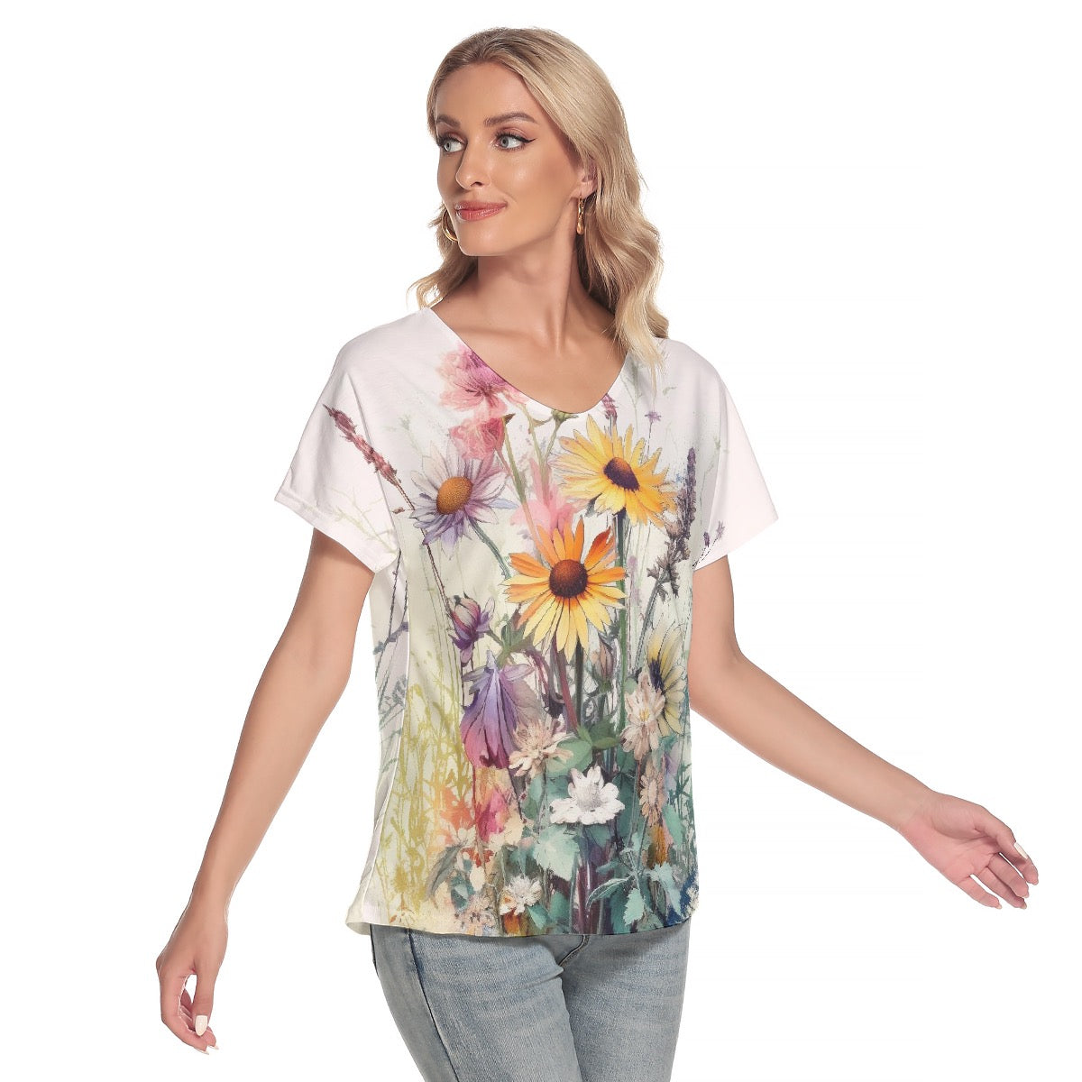 All-Over Print Women's Loose V-neck Short Sleeve T-shirt